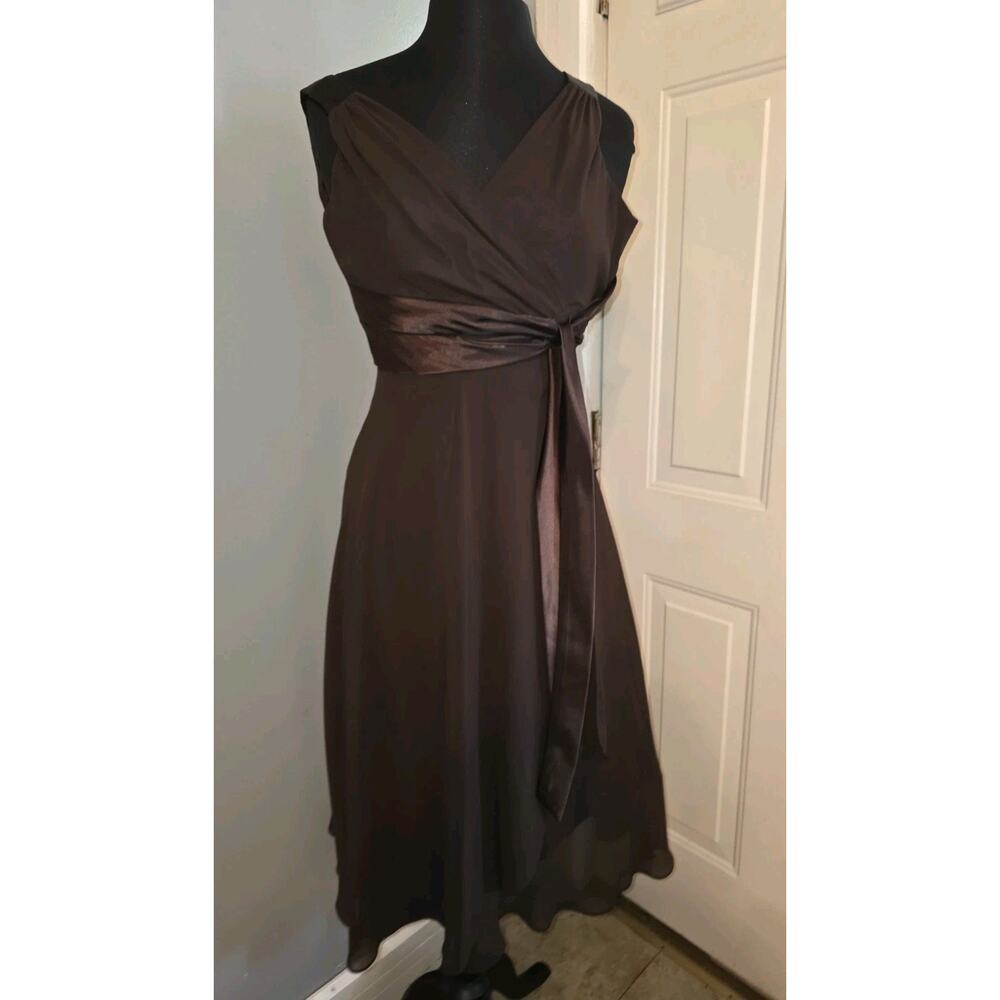 Vtg Y2K Jones Wear Chocolate Brown Fit & Flare Maxi Dress Chiffon Satin Sash 6